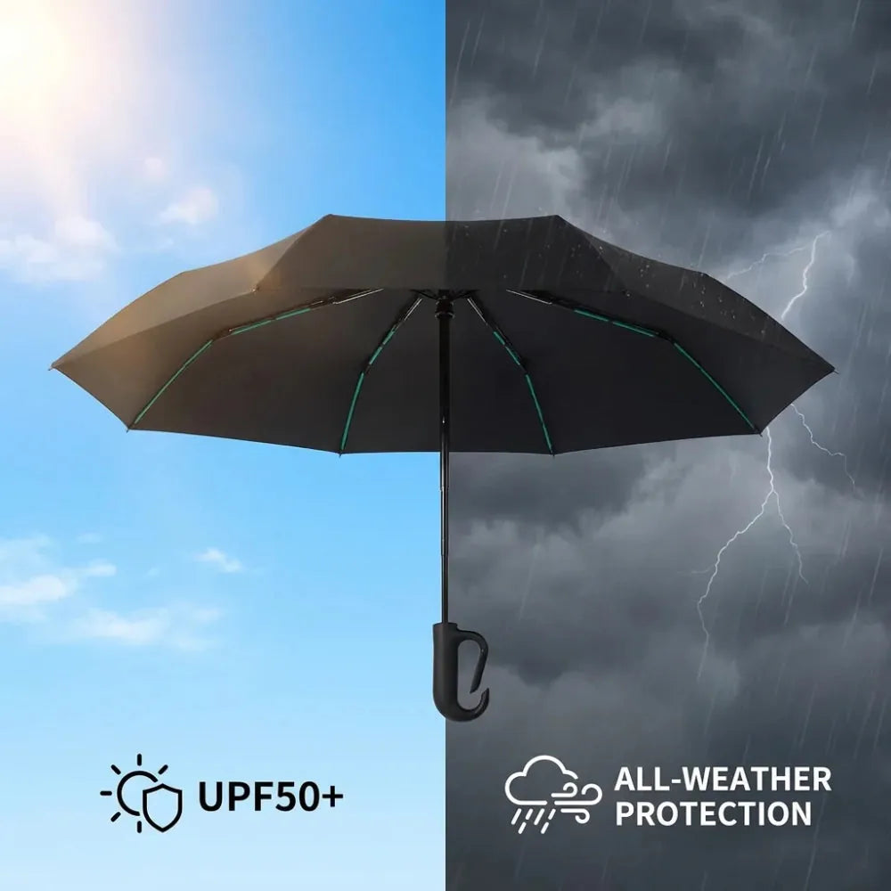 Umbremo umbrella under bright sun and under a storm, UPF 50+ and all weather protection