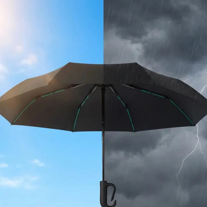 Umbremo umbrella half in bright sun and half under storm clouds