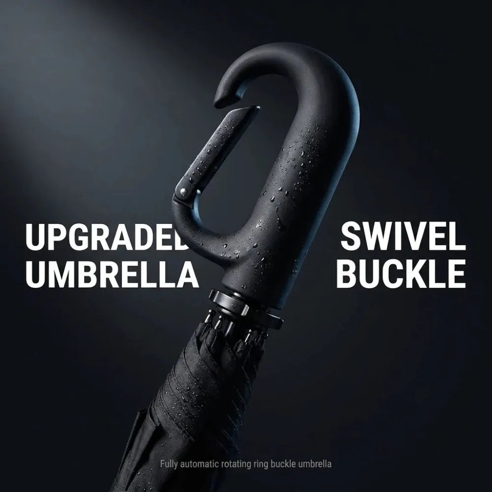 Close-up of the Umbremo swivel hook handle covered in rain drops