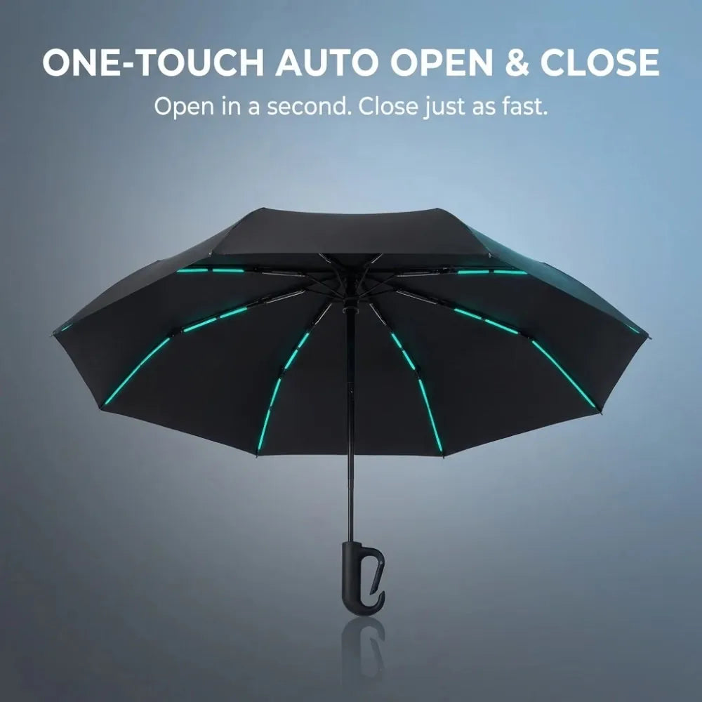 Umbremo umbrella open, showing the one touch automatic open and close