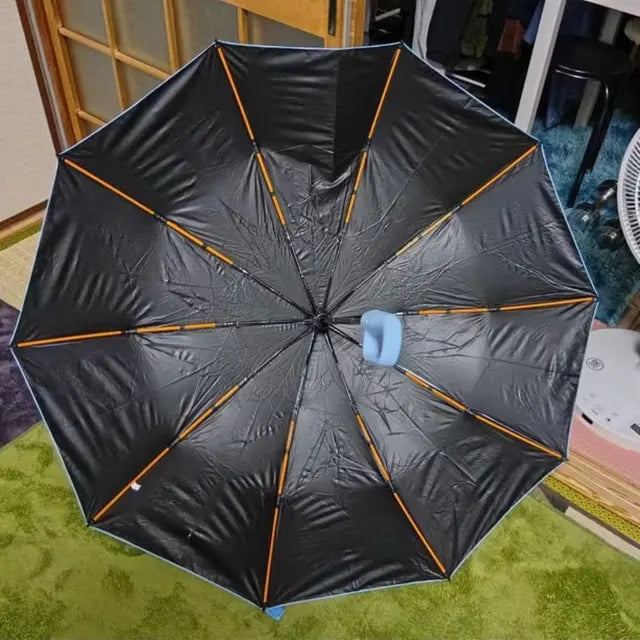 Underside of an open Umbremo umbrella with a light blue handle, photographed at home